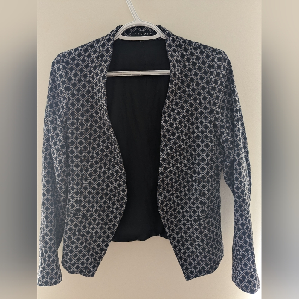 Theory Fitted Blazer Black Gray and Blue Geometric Pattern Size US 2/4